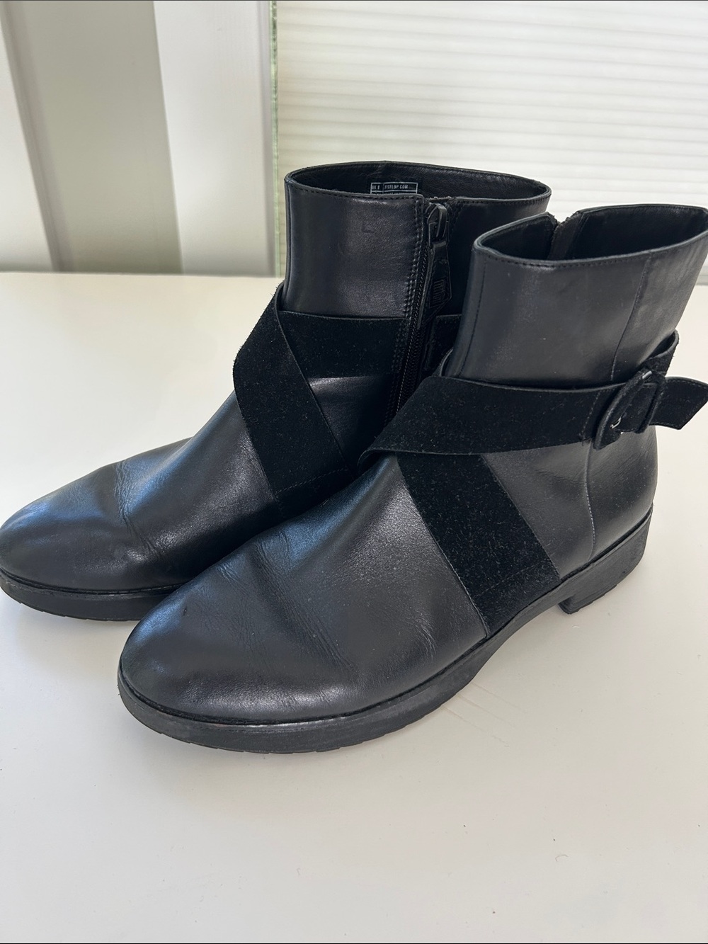 Fitflop Black Leather & Suede Ankle Boots with Buckle Accent
